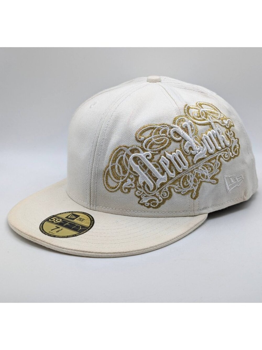 New Era 59Fifty New York Yankees Cream And Gold Script Fitted Hat Size 7 5/8 Y2K